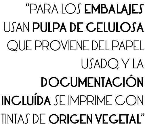 para los embalajes usan pulpa de celulosa que proviene del papel usado, y la documentación se imprime con tintas de origen vegetal