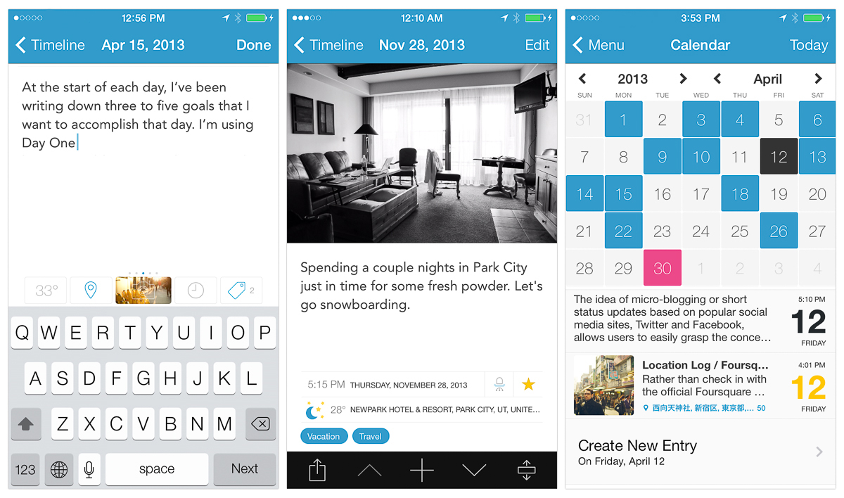 capturas de pantalla de Day One en iPhone
