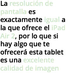 La resolución de pantalla es exactamente igual a la que ofrece el iPad Air 2, por lo que si hay algo que te ofrecerá esta tablet es una excelente calidad de imagen