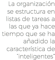 La organización se estructura en listas de tareas a las que ya hace tiempo que se ha añadido la característica de “inteligentes”